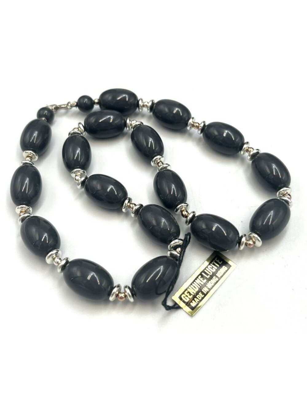 Vintage Hong Kong Lucite Necklace Gray Barrel Bead 18" Plastic MCM with Hang Tag
